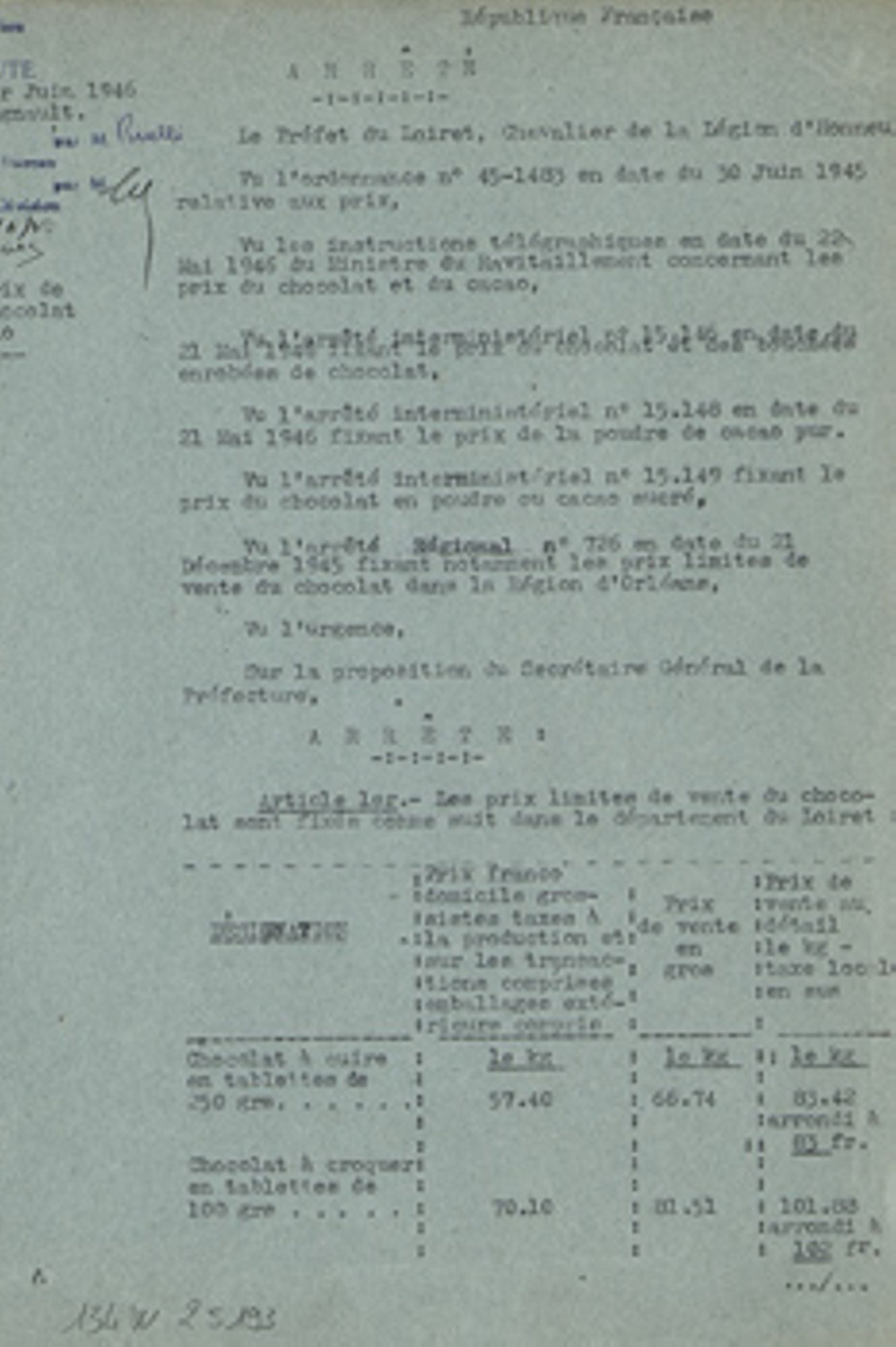 Prix de vente du chocolat et cacao, 1er juin 1946