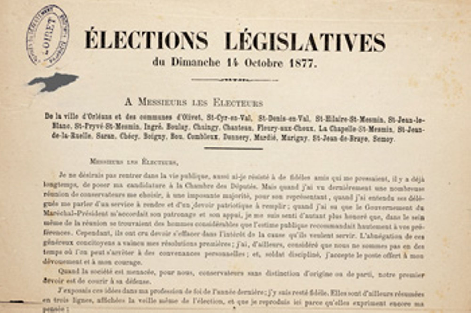 Profession de foi d’Eugène Vignat aux élections législatives d'octobre 1877.