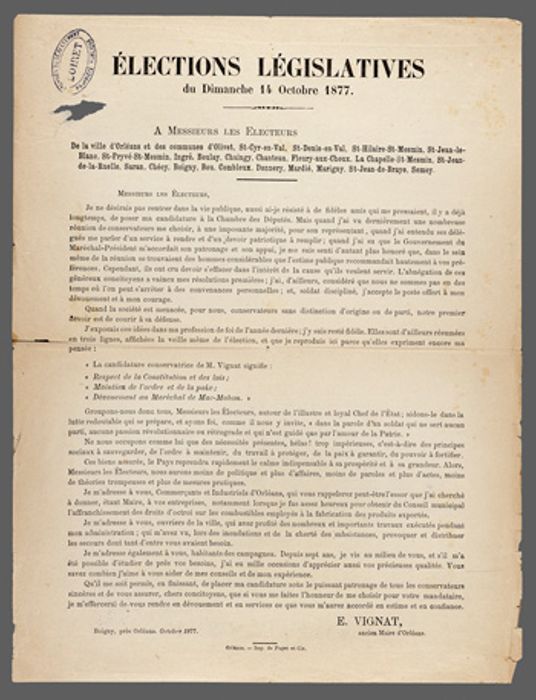 Elections législatives, profession de foi d’Eugène Vignat, 14 octobre 1877
