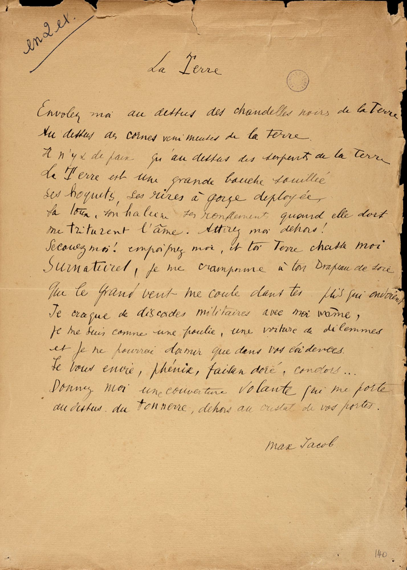 Poème manuscrit de Max Jacob intitulé La Terre, s.d.