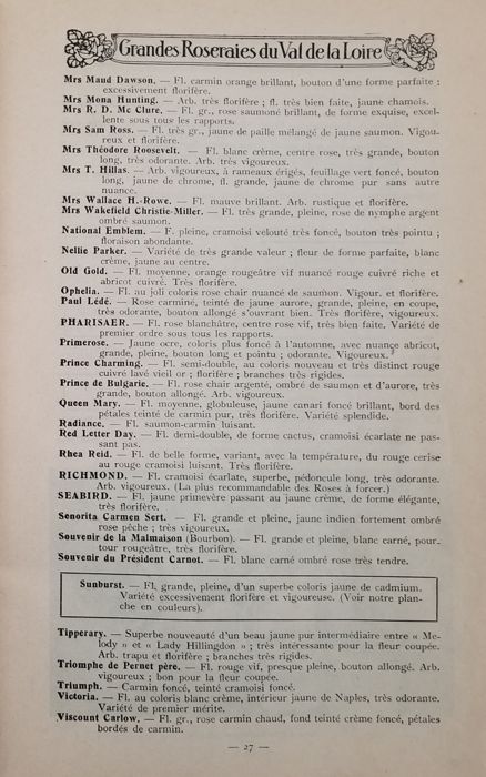 Extrait du catalogue des ventes des Grandes Roseraies du Val de la Loire, 1922-1923