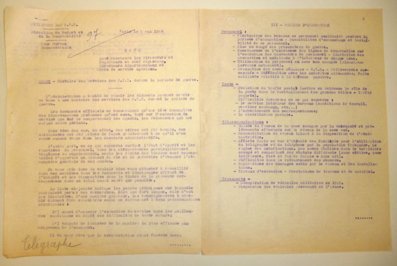 Histoire des services des PTT pendant la période de guerre (9 mai 1946).