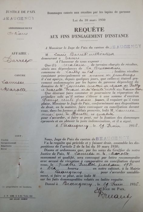 Requête aux fins d’engagement d’instance concernant des dégâts occasionnés par des lapins de garennes sur des récoltes situées à Lailly-en-Val (29 juin 1939) 