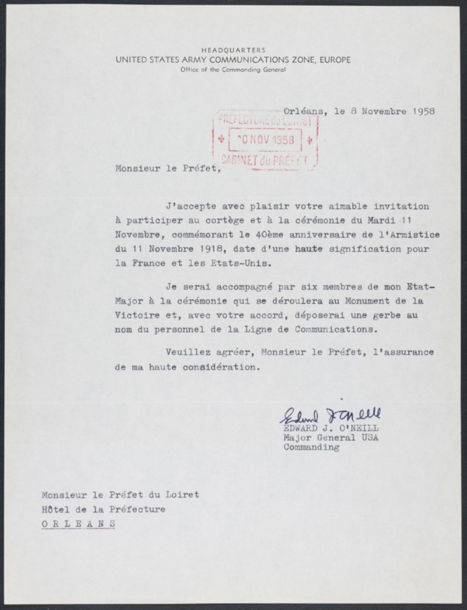 Correspondance avec l'armée américaine