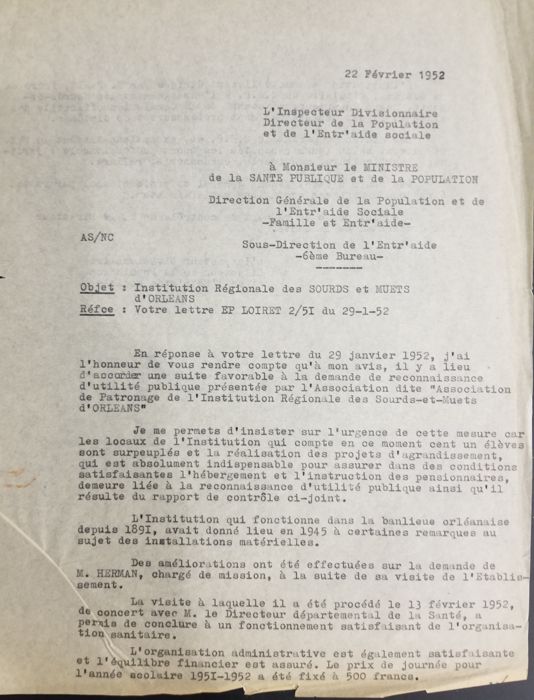 Courrier adressé par le directeur de la population et de l’entraide sociale au ministre de la santé publique et de la population au sujet de la demande de déclaration d’utilité publique de l’institution des sourds et muets d’Orléans, 1952.