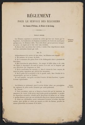 Extrait du règlement pour le service des éclusiers du service spécial des canaux d'Orléans, de Briare et du Loing (1863). 