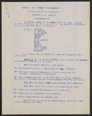 Extraits des statuts de la société de pêche “Le Brochet” à Lorris (1914).