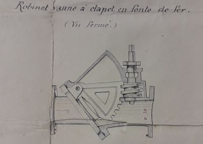 Réfection de la prise d’eau de l’Étang Neuf : dessin du robinet vanne à clapet (9 août 1882).