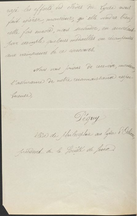 Lettre de Charles Péguy, président de la Société de jeux du lycée d’Orléans, demandant une récompense aux vainqueurs des concours de plein air, 16 mars 1891.