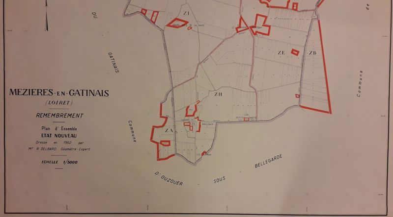 Extrait du nouveau plan d’assemblage de la commune de Mézières-en-Gâtinais à la suite du remembrement en 1962 (Arch. dép. du Loiret, 1135 W 99/1)