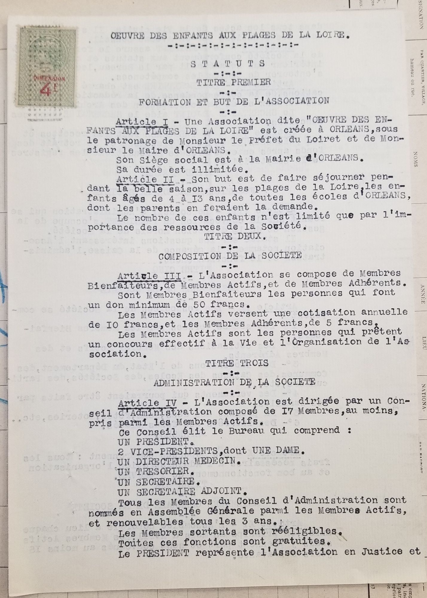 Statut associatif de l’œuvre des enfants aux plages de la Loire, 28 juillet 1923.  