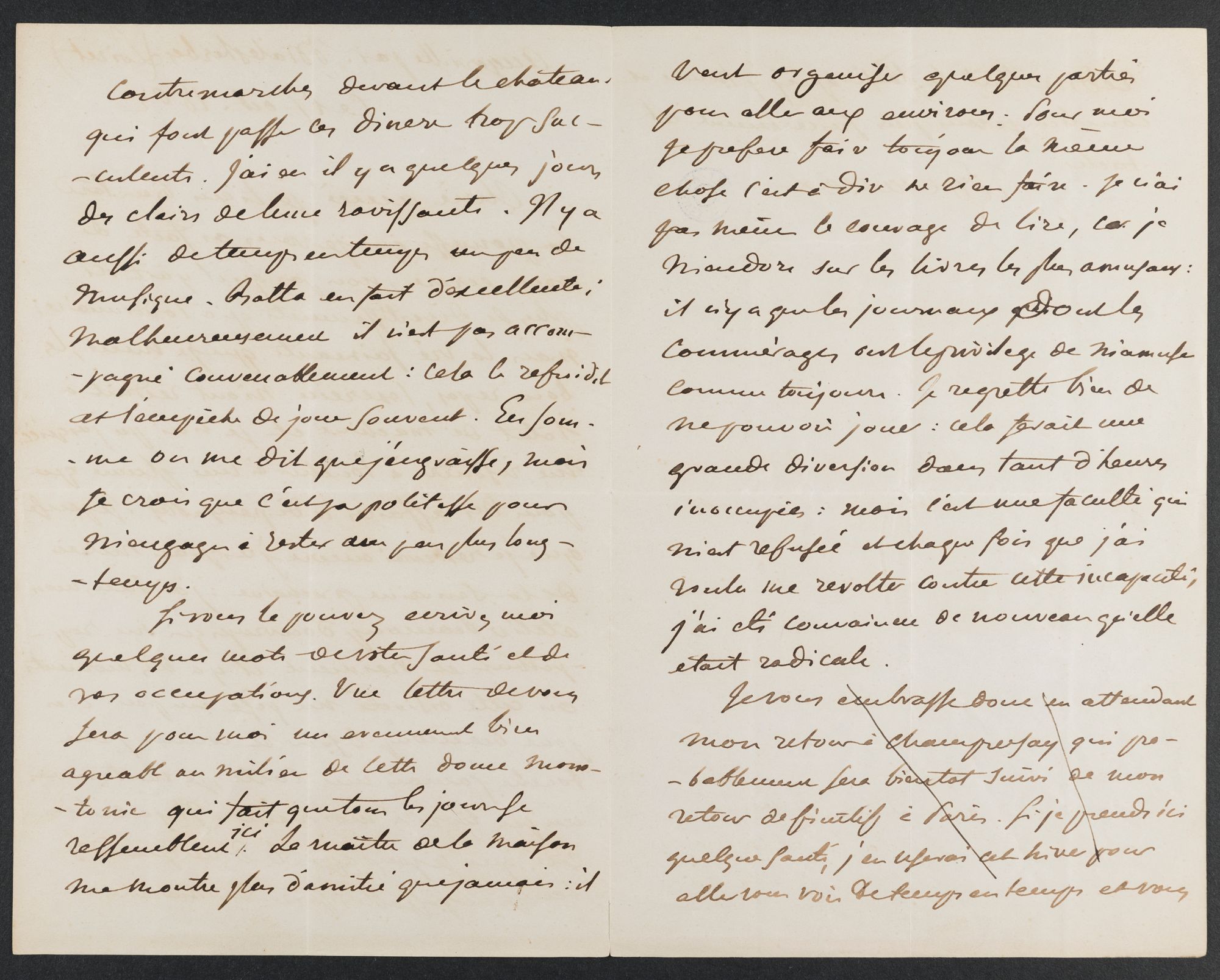 Lettre autographe signée de Ferdinand-Victor-Eugène Delacroix, peintre (1798-1863), adressée à une "chère amie" [Joséphine de Forget] et décrivant son repos au château d'Augerville-la-Rivière, 17 octobre 1862. 