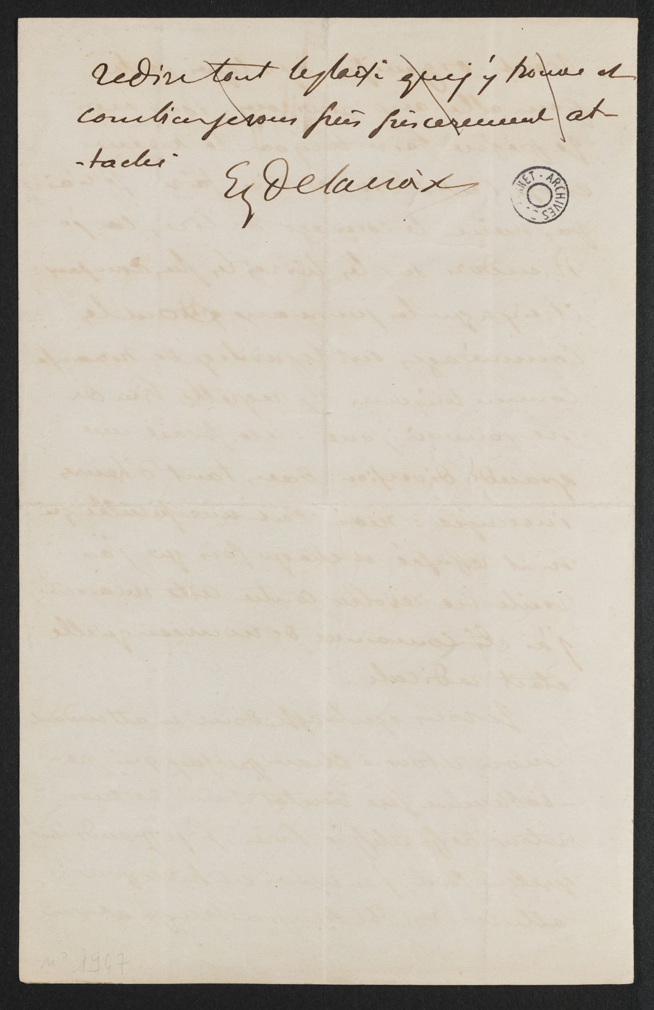 Lettre autographe signée de Ferdinand-Victor-Eugène Delacroix, peintre (1798-1863), adressée à une "chère amie" [Joséphine de Forget] et décrivant son repos au château d'Augerville-la-Rivière, 17 octobre 1862. 