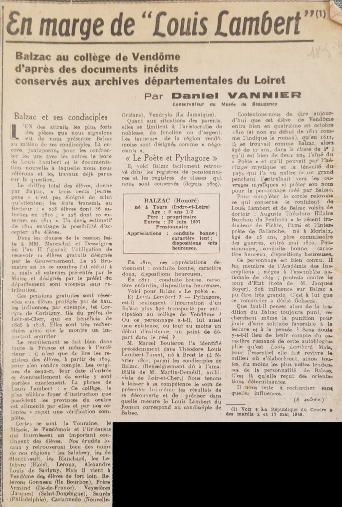 Etude « En marge de Louis Lambert » par Daniel Vannier paru dans le journal de la République du Centre, 1949.