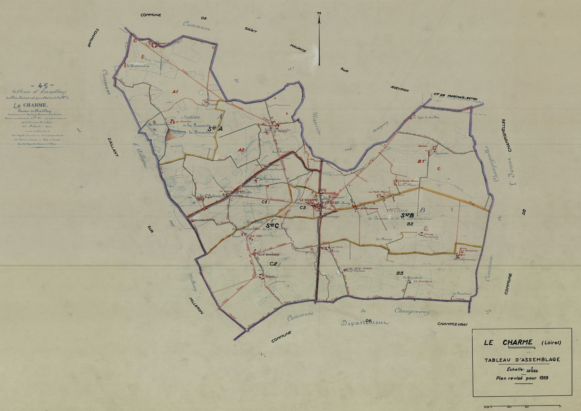 Tableau d’assemblage du cadastre révisé de la commune du Charme (1939). (Arch. dép. du Loiret, 1781 W 159/1)