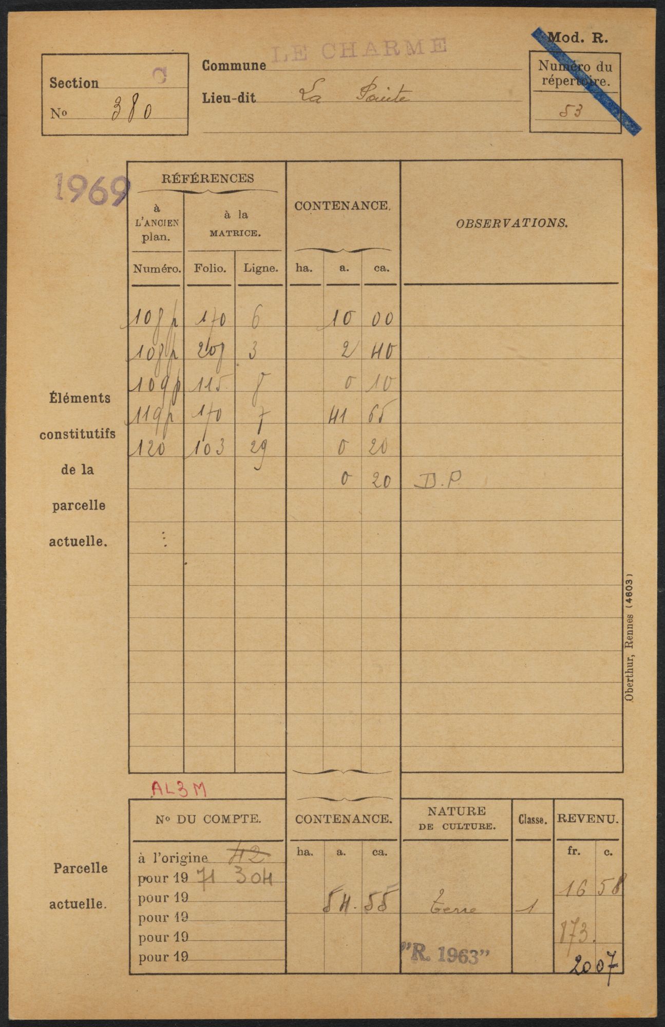 Fiche de l'état de section de la parcelle n° 380 de la section C3 de la commune du Charme (1939-1971). (Arch. dép. du Loiret, 1127 W 101134)