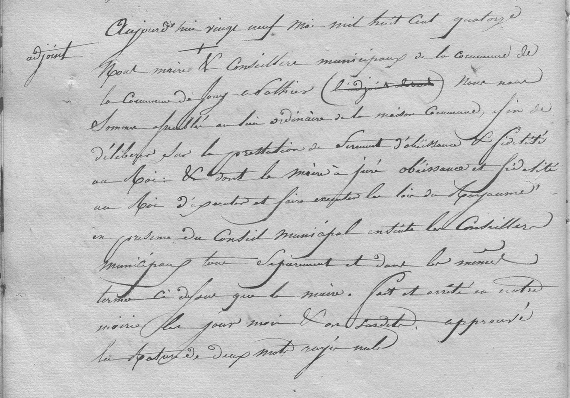 Enregistrement de la délibération du 29 mai 1814 de la commune de Jouy-le-Potier (Arch. dép. du Loiret, 561 O-SUPPL 1 D/2)