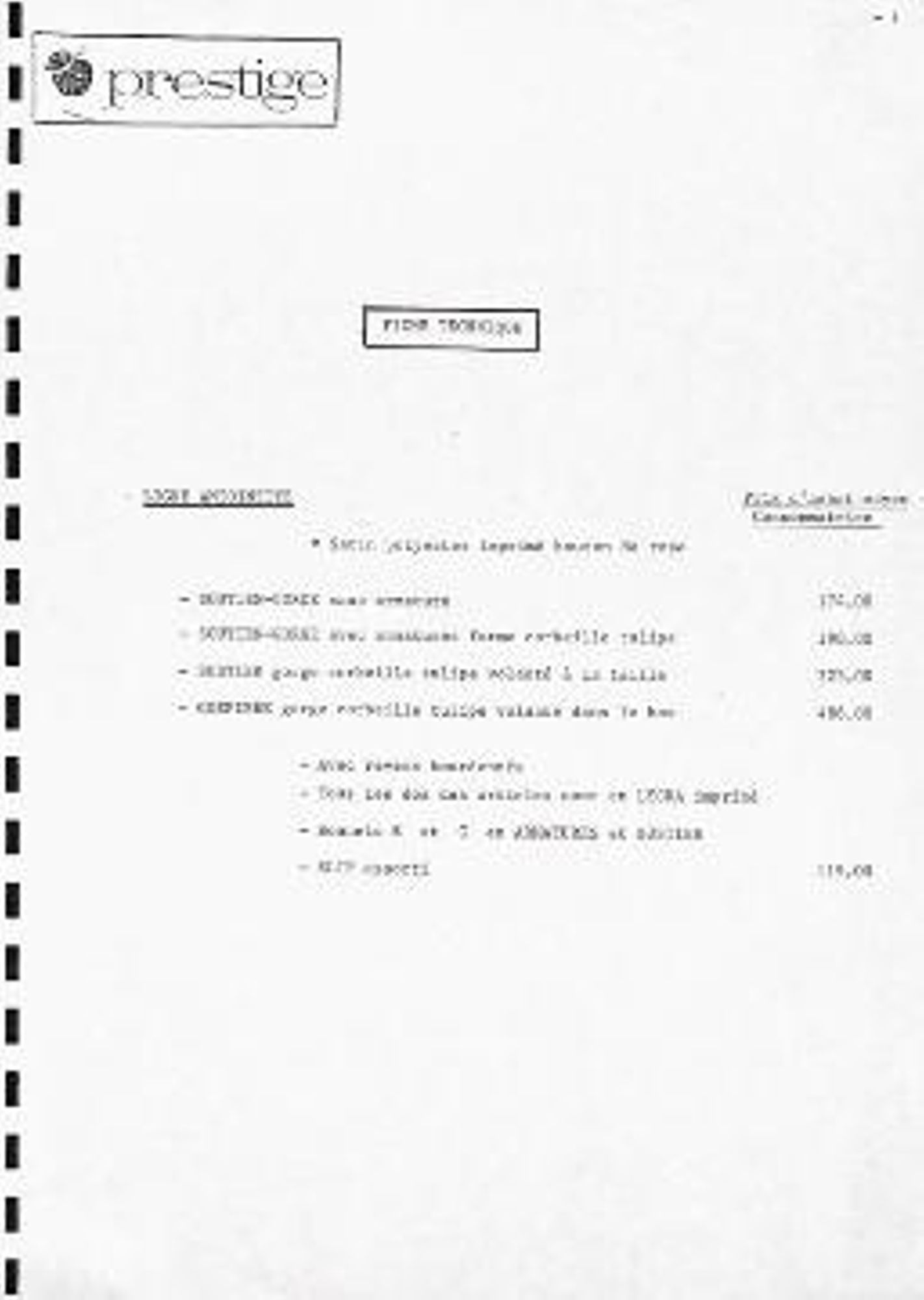 Fiche technique de la gamme « Prestige » (années 1980).