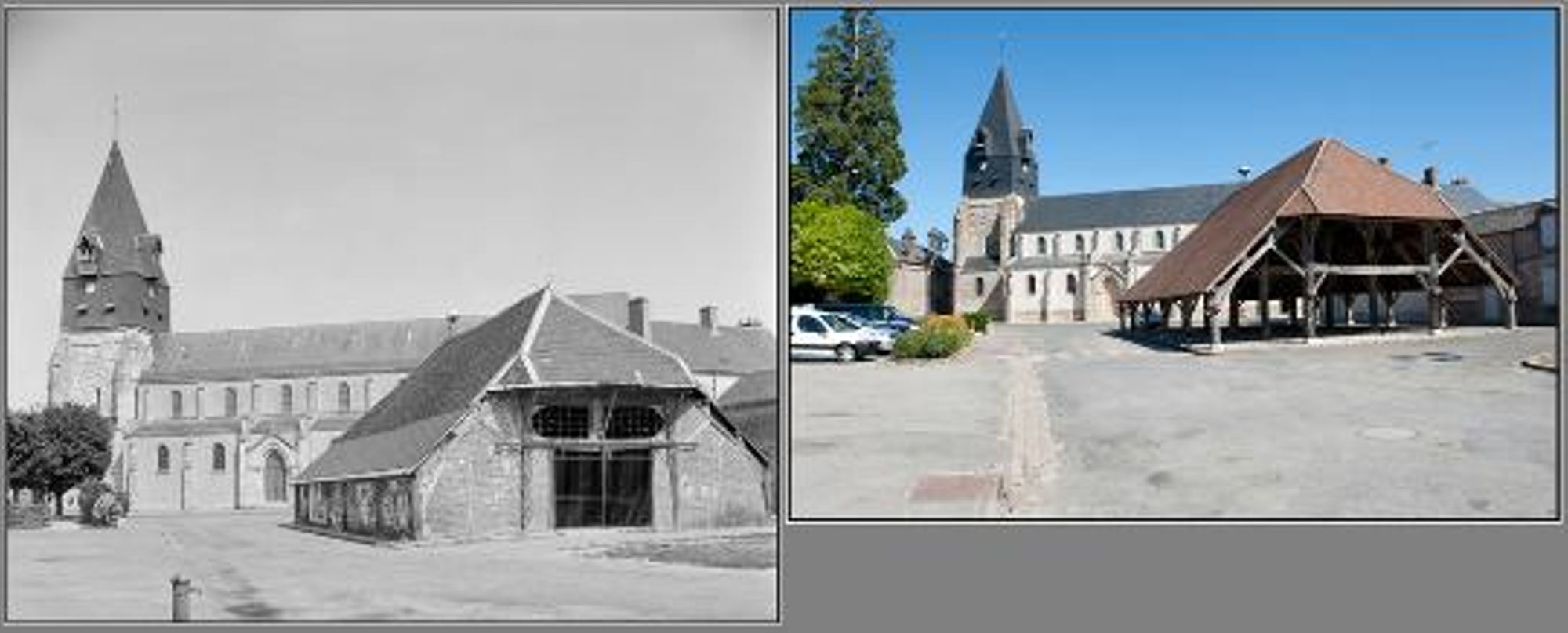 Aschères-le-Marché, la halle et l’église. (août 1967 / mai 2011)