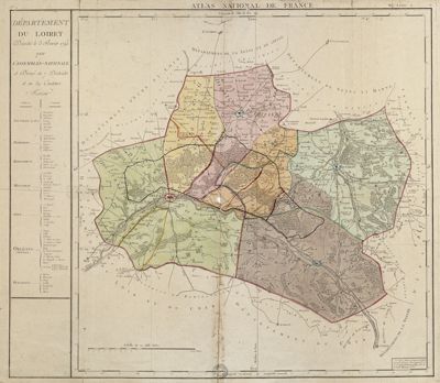 Département du Loiret décrété le 3 février 1790 par l’Assemblée nationale et divisé en 7 districts et en 59 cantons. Carte- T.-d.de Doudan Atlas national de France, fol 76, 1790
