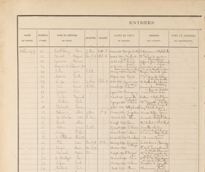 Registre d'entrée et sortie des élèves du lycée Pothier, 1907-1916 - Maurice Genevoix est le numéro 53