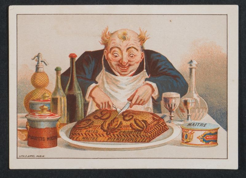 Carte publicitaire pour le pâté d'alouettes de la Maison Maître à Pithiviers (avec tarifs au verso) [fin XIXe s.]