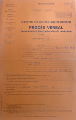 Elections régionales 1992 : procès-verbal d'un bureau de vote d'Orléans.
