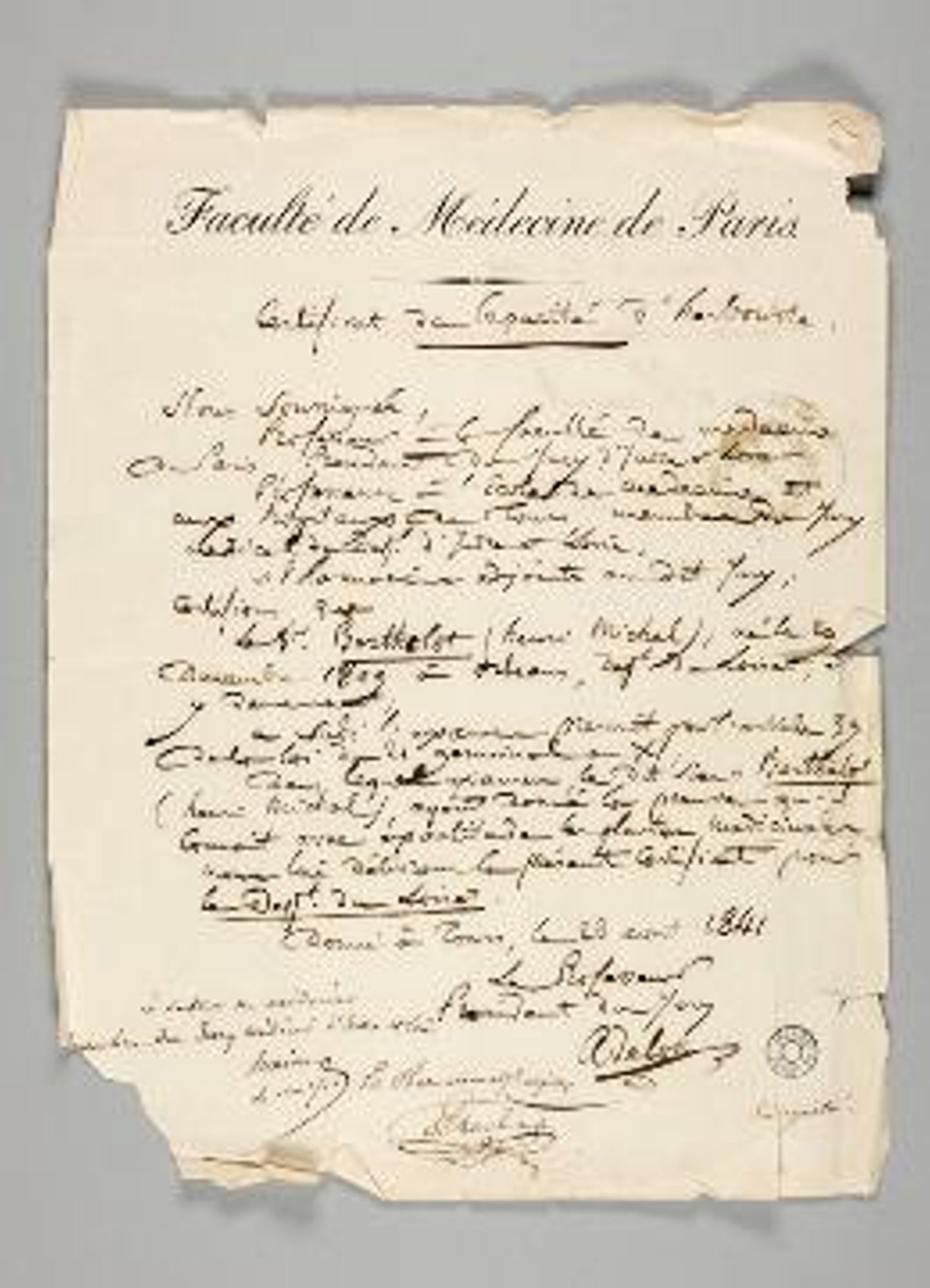 Certificat de capacité d'herboriste (1804)